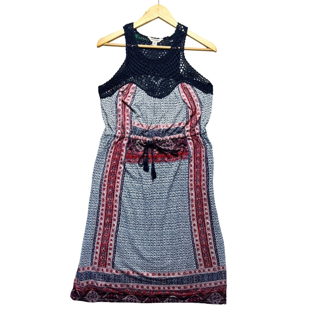 Lucky Brand Crochet Neck Boho Dress Midi Tribal Drawstring Waist Boho Festival M